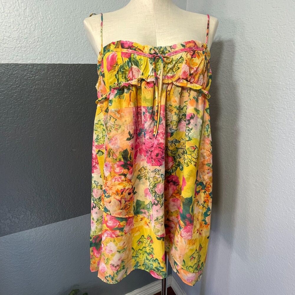 NWT For Love Bell Yellow Floral Chiffon Ruffle Babydoll Slip Mini Dress Large